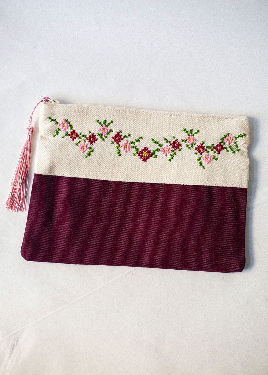 Stor brodert pung, burgunder