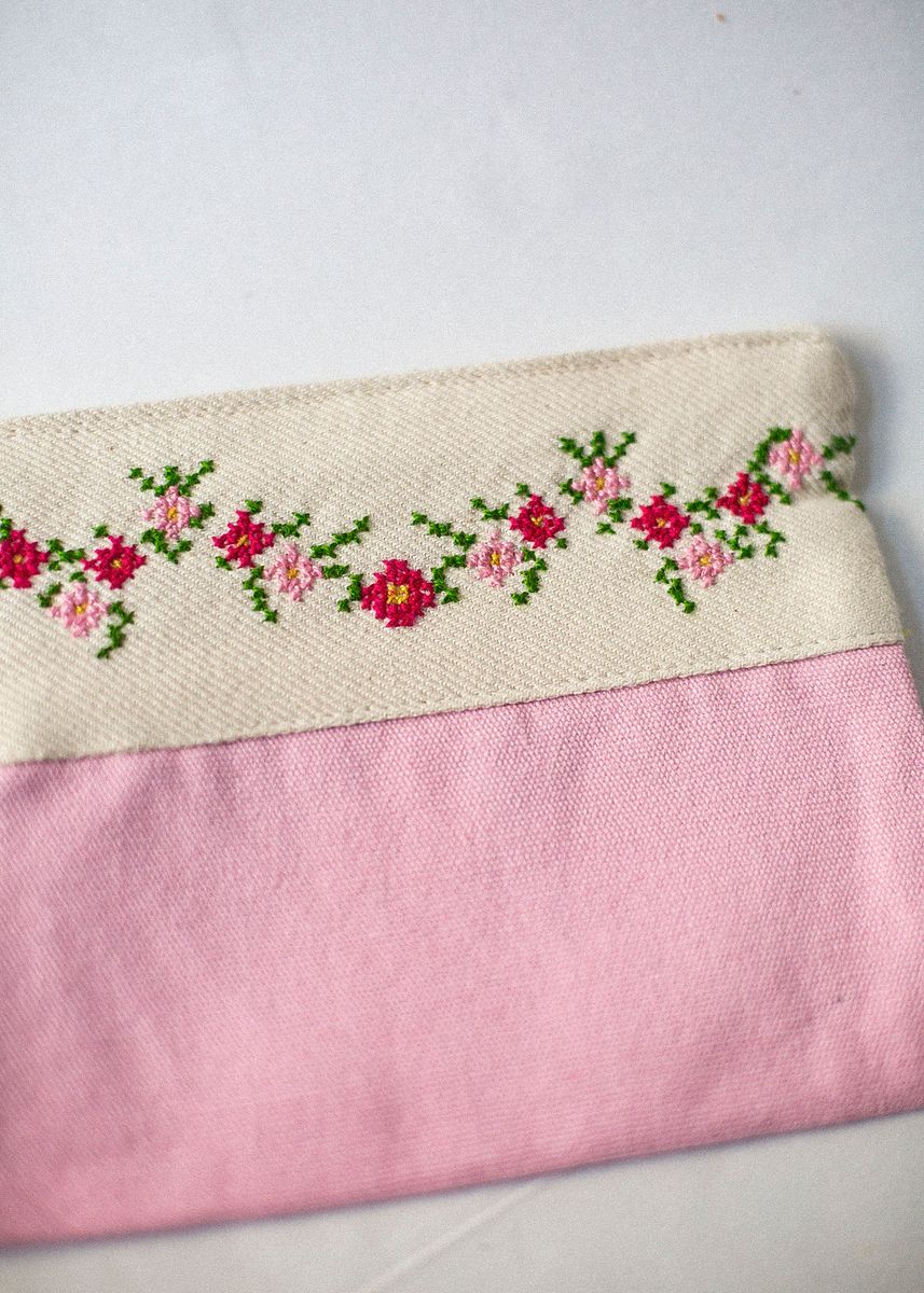 Stor brodert pung, rosa